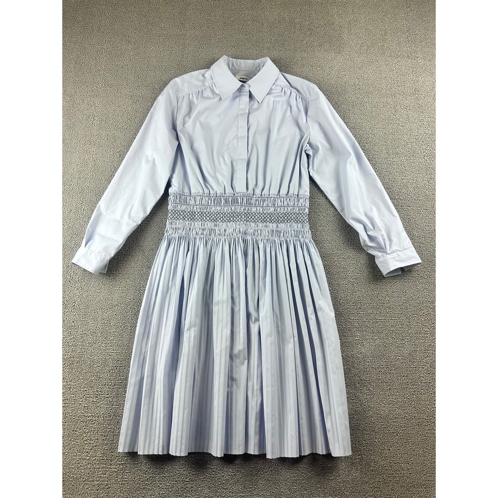 Jason‎ Wu Shirt Dress Poplin Smocked Waist Pleated 0 Blue Cotton Blend Coastal